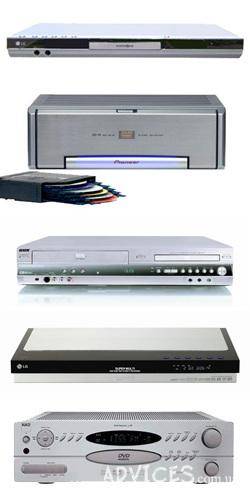 Разновидности DVD-плееров (сверху-вниз): DVD-плеер, DVD-чейнджер, DVD+VHS, DVD-рекордер, DVD-ресивер